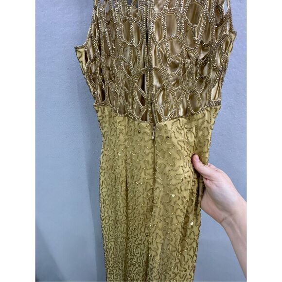 Vintage Y2K 90s Scala Gold Beaded Silk Slip Maxi Dress Gown Size S - Picture 6 of 12